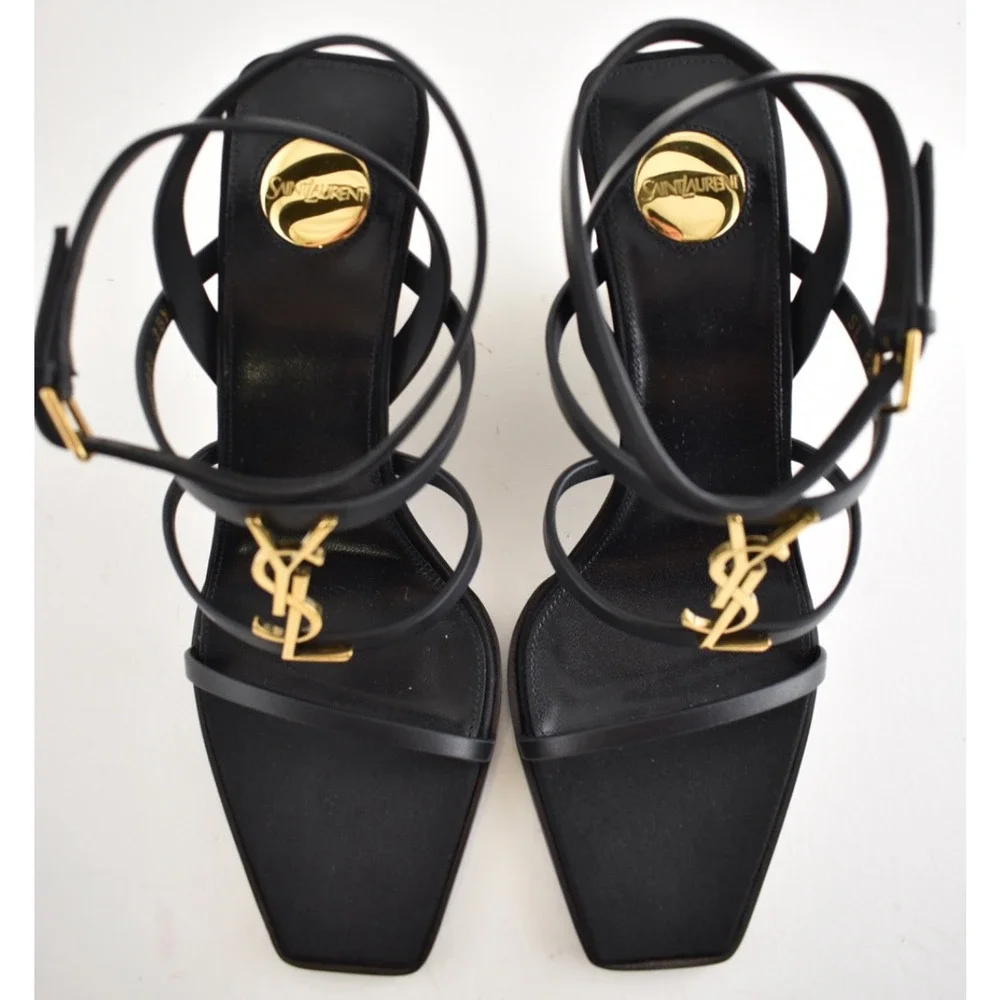 Saint Laurent YSL Logo Cassandra 90 Black Ankle Strap Wedge Sandal Heel 38.5